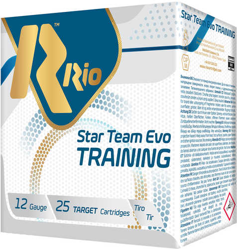 A box of Rio Ammunition Star Training 12 Gauge 2 3/4in 7/8oz 8 Shot target cartridges by Rio Ammunition, containing 25 rounds, with blue and gold branding on a white background.