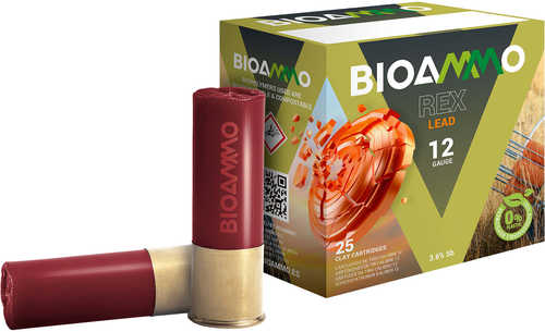 A box of Bio Ammo Rex Lead Competition 12 Gauge 2 3/4 Inch 1oz 8 Shot shells, with two red and brass cartridges in front. The green and orange packaging highlights its biodegradable shotgun shells.