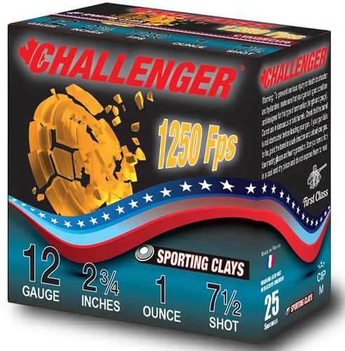 A case of Challenger Sporting Clay 12 Gauge 2-3/4 1oz #7.5 shells by Challenger Ammo, 1250 FPS, comes with 250 rounds per case. The box displays a shattered clay target and a red, white, and blue ribbon with stars.