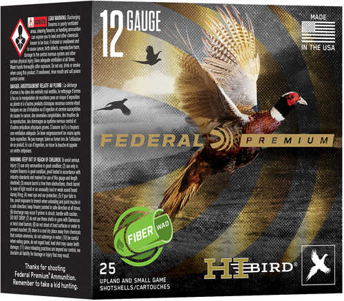 Box of Federal Hi-Bird 12 Gauge 2 3/4 1 1/4 oz #5 shot, 25 rounds by Federal, features an illustration of a flying pheasant, “Hi-Bird Fiber Wads”, “Made in the USA”, and indicates use for upland and small game.