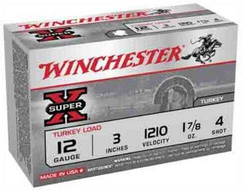 A box of Winchester Super X Turkey 12 Gauge, 1 7/8 oz, #4 shot, 10 rounds by Winchester. The red and silver packaging features a turkey and rider graphic.