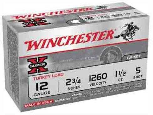 A box of Winchester 12 Gauge Turkey Load Copper Plated Lead, 2 3/4, 1260 fps, 1 1/2 oz, #5 shot, Made in USA—10 rounds per box.
