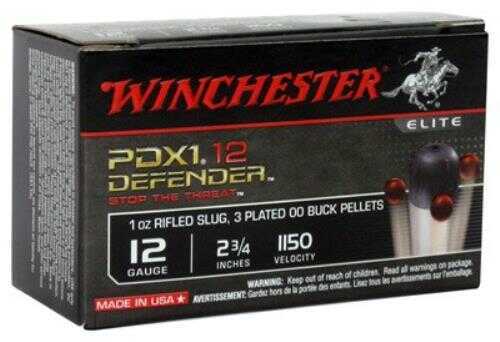 A box of Winchester 12 Gauge Slug and 00 Buck Ammunition contains 10 rounds, each with a 1 oz rifled slug and three plated 00 buck pellets, marked at 2 3/4 inches and 1150 velocity. The box features red and gold text with the Winchester horse logo.