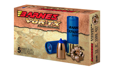 A box of Barnes VOR-TX 12 Gauge 3 438 Grain Slug Shotshells (5 Rounds, Model 20737) displays five blue shells in tan packaging, showcasing copper projectiles and expanded slugs to emphasize Barnes premium quality.