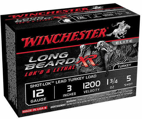 Winchester 12 Gauge 10 Round Lead Shot Ammunition, 3-inch six shot by Winchester—ideal for turkey hunting, with an image of a turkey and hunter.