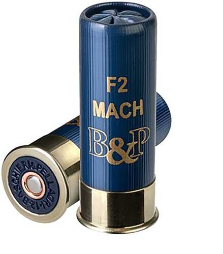 Two blue Baschieri & Pellagri F2 Mach 12 Gauge shotgun shells with gold bases, labeled F2 Mach B&P. Each box contains up to 250 rounds of 2 3/4 #9 shot, 1365 fps, 7/8 oz—ideal for stocking up.