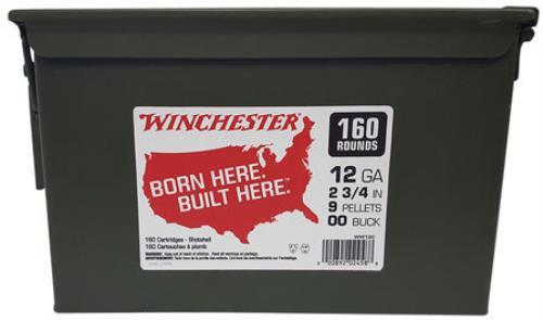 A green Winchester box labeled Born Here. Built Here. with a red USA map contains 160 rounds of Winchester 12 Gauge Target Ammunition, each 2 3/4 inch shell with 9 pellets of 00 buckshot.