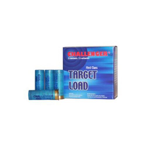 A Challenger Ammo 12 Gauge 250 Rounds box sits beside blue shells. This 2 3/4 #7.5 target load is ideal for shotgun shooters seeking reliable performance and quality from Challenger Ammo.