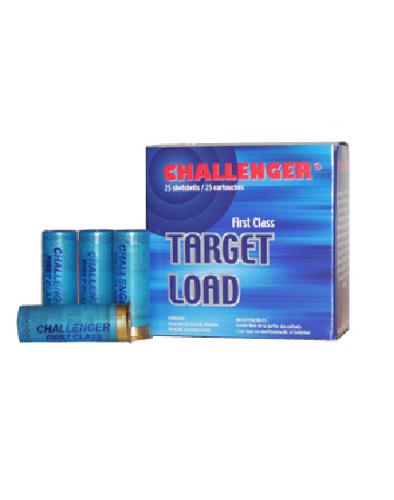 A box of Challenger Ammo 12 Gauge 250 Rounds Target #8, with four blue shotgun shells upright and one lying down. The blue box displays #8 shot for reliable target shooting, featuring white and red text.