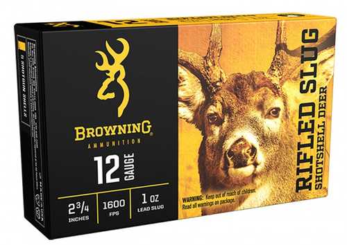 Browning 12 Gauge 5 Rounds Ammunition, 2 3/4, 1 oz lead slug, delivers 1600 FPS. With iconic yellow and black Browning branding and deer imagery, it’s ideal for hunters seeking reliable performance.