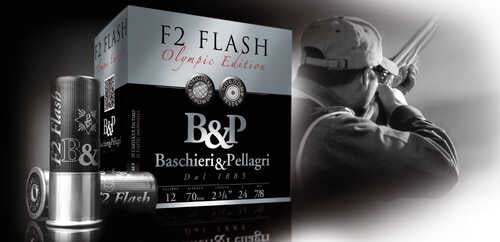 A case of Baschieri & Pellagri Cartridge 12 Gauge 2-3/4 7/8oz #7.5 (250/case) is pictured beside two shells, with a grayscale image of someone aiming a shotgun in the background.