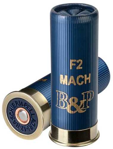 Two blue Baschieri & Pellagri 12 Gauge 2-3/4 shotgun shells stand upright, leaning together. They feature brass bases with visible primers and F2 MACH and B&P markings.