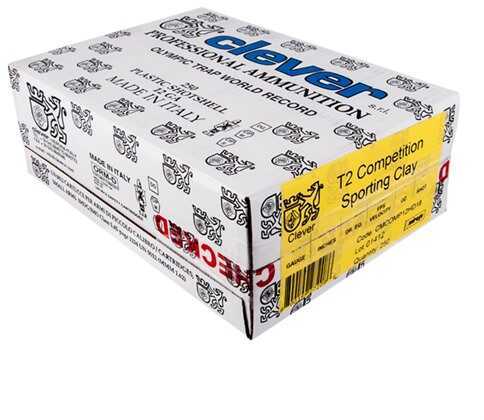 A white box of Clever 12 Gauge 250 Rounds Ammunition, 2 3/4 1 oz Lead #7.5, labeled T2 Competition Sporting Clay, features a yellow label, black text, multiple logos, Mirage Competition, and Made in Italy.