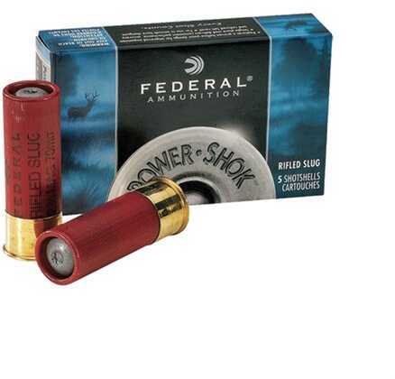 A box of Federal 12 Gauge 5 Rounds Ammunition 2 3/4 438 Gr Slug is shown, with two red shells in front. The box displays the Federal brand and shell details.