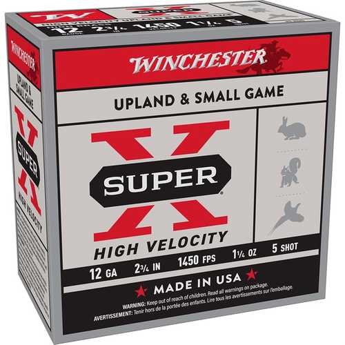 A box of Winchester Super X Game Load 12 Gauge Shotgun Ammo, 25 rounds, features 2 3/4 inch shells ideal for upland and small game hunting, with images of rabbit, squirrel, dove, and pheasant on the box.