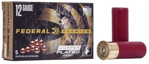 A box of Federal Premium Vital-Shok 1 Buckshot 12 Gauge 2-3/4 Max 16 Pellets Ammo (5 Rounds) by Federal sits beside two red shells—one upright, one lying down. The box features a deer image and detailed product info.