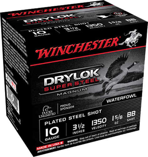 A black box of Winchester 10 Gauge 25 Rounds Super Steel Shotshell features a flying duck, bold red and silver text, and contains 3½, 1350 velocity, 1⅝ oz BB shot—ideal for waterfowl hunters seeking reliable performance.