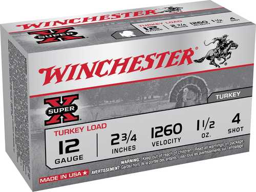 A box of Winchester 12 Gauge 10 Rounds, 2 3/4 Inch Four Lead Shot, with a red Winchester logo, turkey image, and essential product details displayed.