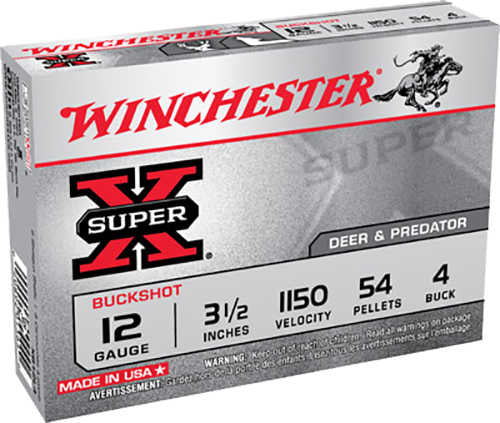 Winchester 12 Gauge 5 Rounds Ammunition, 3.5 length, #4 Buck Lead, 54 pellets per shell; ideal for deer and predator hunting, featuring bold red and black Winchester branding.