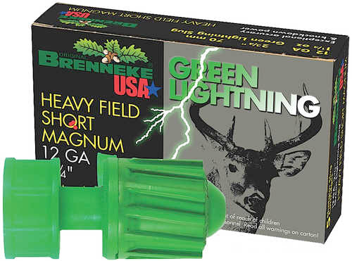 A green Brenneke 12 Gauge 2 3/4 1 1/4 oz slug sits next to a black and green box labeled Heavy Field Short Magnum 12 GA Green Lightning from Brenneke, featuring deer and lightning images in the background.
