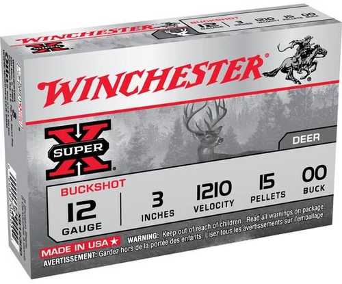 Winchester 12 Gauge Buckshot 15 Pellets 3 Inch Load ammo, with 1210 velocity and 00 buck, is ideal for deer hunting. The box features Winchester branding and a deer illustration.