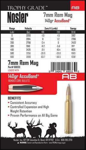 7mm Remington Magnum Nosler 140gr AccuBond Ammo 20 Rounds