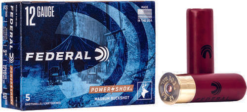 A box of Federal 12 Gauge 5 Rounds Ammunition sits beside two red shells, displaying branding and labels for 2 3/4 #000 buckshot with 8 lead pellets per round.