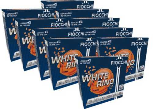 Ten boxes of Fiocchi Ammo 12Ga 2.75 7.5 Case Lt WHITE Rhino shotgun shells (1-1/8oz, 1250fps, 250 rounds) are arranged in staggered rows, each box featuring an orange rhino graphic and bold white ammo type text.