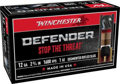Winchester 12 Gauge Slug Ammunition offers 10 rounds of 2 3/4 inch shells, with a segmented rifled slug design for self defense, delivering a velocity of 1600 FPS and each shell containing a 1 oz slug.