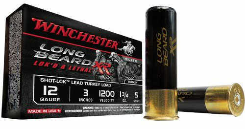 A box of Winchester XR 12 Gauge 3 Inch Shells is shown with two shells—one upright and one lying down. Ideal for turkey hunting, each box by Winchester contains 10 rounds of 1 7/8 ounce shells.