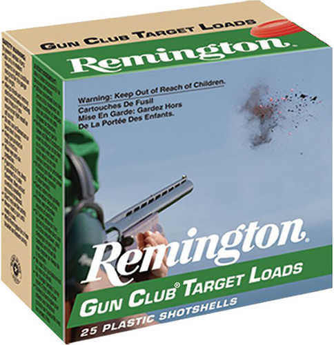 Remington Gun Club Target Loads 12 ga. 2.75 in., 1 1/8 oz., #8 shot, Model 20243, low-recoil target ammo. Box displays “25 Plastic Shotshells,” a child safety warning, with an image of a shotgun shooting at clay targets.