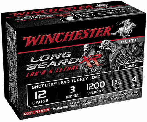 A box of Winchester 12 Gauge Beard XR Lead Shot, 1.75oz, 10 rounds, featuring Shot-Lok technology and designed for turkey hunting, displays a turkey graphic and the Winchester horse logo.