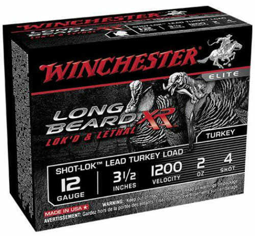 Winchester Long Beard XR 12 Gauge 3.5 Inch 2oz Shotgun Ammo features Shot-Lok technology, shot size 4, and a turkey-themed box—ideal for turkey hunters. Brand: Winchester; velocity: 1200 fps; packaging in red/white on black.
