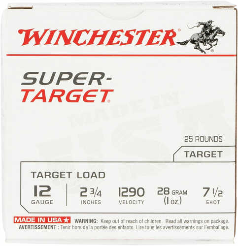 A box of Winchester Sup Tgt 7.5 1oz 25 10 Ammunition TRGT12907 by Winchester contains 25 shotgun shells, 12 gauge, 2-3/4, velocity: 1290 fps, 28g (1 oz), size 7.5 shot. Made in USA is printed at the bottom of the label.