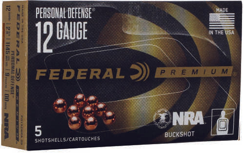 Federal 12 Gauge Ammunition, 5 rounds of 2 3/4 #00 Buck (9 pellet lead), ideal for personal defense. Made in the USA and features the NRA logo on the packaging. Brand: Federal.