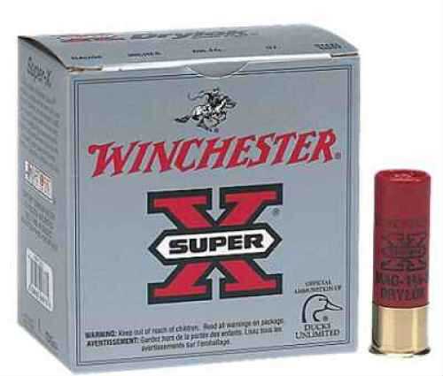 A box of Winchester 10 Drylok Super X 3½ 1 oz steel shotshells sits beside a single red shell. The box displays the Winchester brand, horse and rider logo, and bold red and black text.