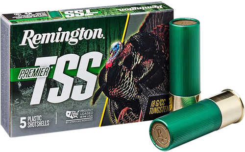 A box of Remington Ammunition 28043 Premier TSS 12 Gauge 3 shells is shown with two green shells. The box features a turkey image and notes it contains five Tungsten Super Shot (18 g/cc) shotshells. Brand: Remington.