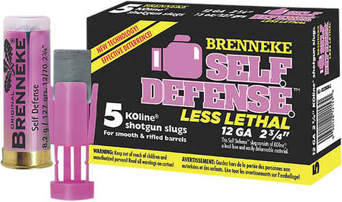 A box of Brenneke SL122SDLL SuperSabot 12 Gauge 2.75 1/3 oz sabot slugs (5 per box) is shown beside a pink shell and slug. These hunting slugs are compatible with smooth or rifled barrels.