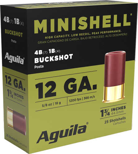 A green and yellow box of Aguila Minishell Buckshot 12 Gauge 1.75 Inch 5/8 oz by Aguila, showing a red shotshell and specs: 1¾, 1200 fps, 25 shotshells, and 4B/1B buckshot.