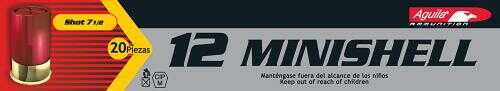 The Aguila Minishell 12 Gauge 1 3/4 Inch 5/8 Oz, by Aguila, features a red cartridge on its label with 20 piezas and safety icons on a gray-black background—ideal for pump-action shotguns.