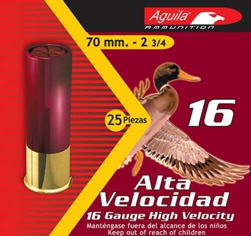 A box label for Aguila 16 Gauge 25 Rounds Ammunition, showing a red shell, flying duck, and bilingual (Spanish/English) text with product details—2 3/4, 1 1/8 oz lead #7 1/2—and safety warnings.