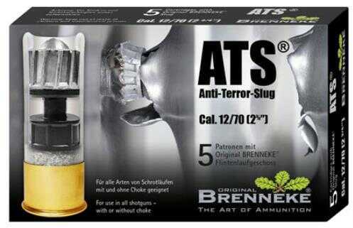 A box of Brenneke 12 Gauge 5 Rounds Ammunition (2 3/4 oz Slug #Sabot) features clear branding and product details, with packaging showing a slug piercing metal.