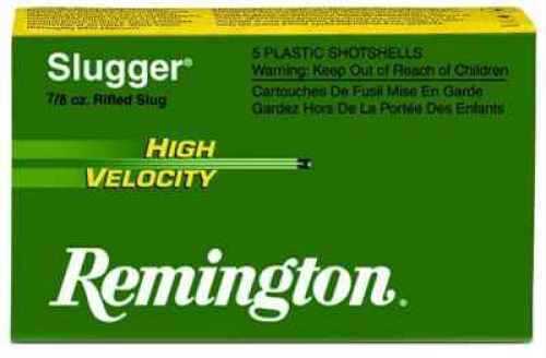 Remington 12 Gauge 3 7/8 oz Lead #Slug, 5 Rounds—this green box of high-velocity shotshells features yellow and white warnings and product details on the packaging.