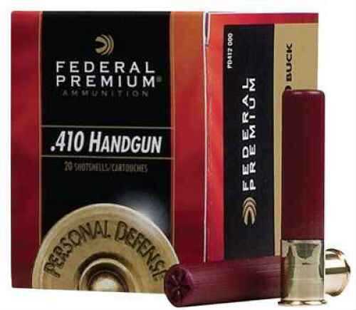 A box of Federal .410 Ammunition 3 Inch 9 Pellets 4 Buck, containing 20 rounds, is displayed with two shotgun shells and a single bullet arranged in front. The box is branded Federal.