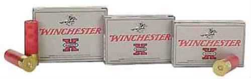Three boxes of Winchester 12 Gauge 5 Rounds Ammunition (2 3/4, #00 Buck, 9 pellets) are displayed, with two red shells in front. The gray boxes feature red lettering and the Winchester logo.