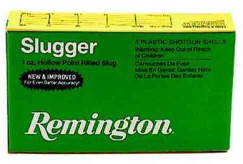 A green Remington box labeled “12 Gauge 5 Rounds Ammunition 2 3/4 1 oz Lead #Slug” contains five shotgun shells with bold white text and safety warnings.