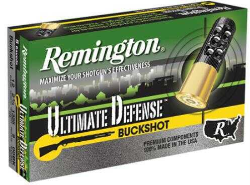 Remington 12 Gauge 5 Rounds Ammunition, 2 3/4 #00 Buck with 9 lead pellets—reliable shotgun shells ideal for home defense. Features Remington branding and “100% made in the USA” on green and yellow packaging.
