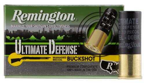 A box of Remington 12 Gauge 5 Rounds Ammunition, 2 3/4 9 Pellet Lead #00 Buck, is shown with a shell standing upright beside Remingtons green packaging featuring a city skyline in the background.