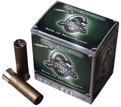 A green and silver Hevi-Shot - Environ Metal box labeled 12 Gauge 250 Rounds Ammunition, 3 1 1/4 oz Steel #BBB sits beside two metallic steel shotshells, one upright and one on its side.