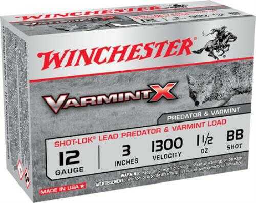 A box of Winchester 12 Gauge Buckshot Ammunition, 3-inch shells with BB shot, 10 rounds per box—ideal for predators and varmints.